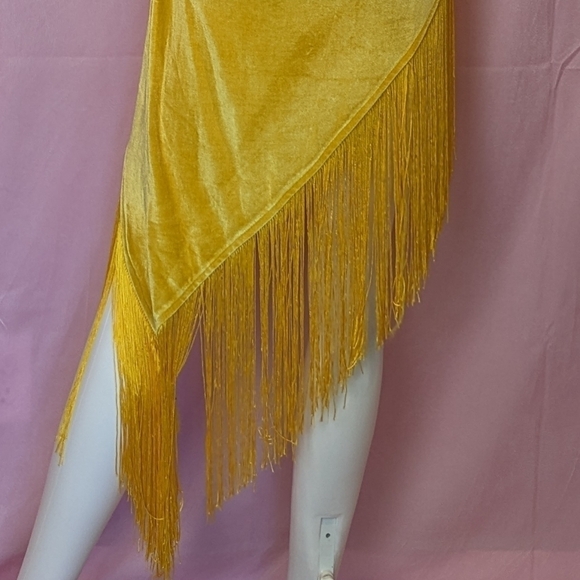 Golden Yellow Velvet One Shoulder Twist Front Fringe Hem Mini Dress size Large - Picture 7 of 9